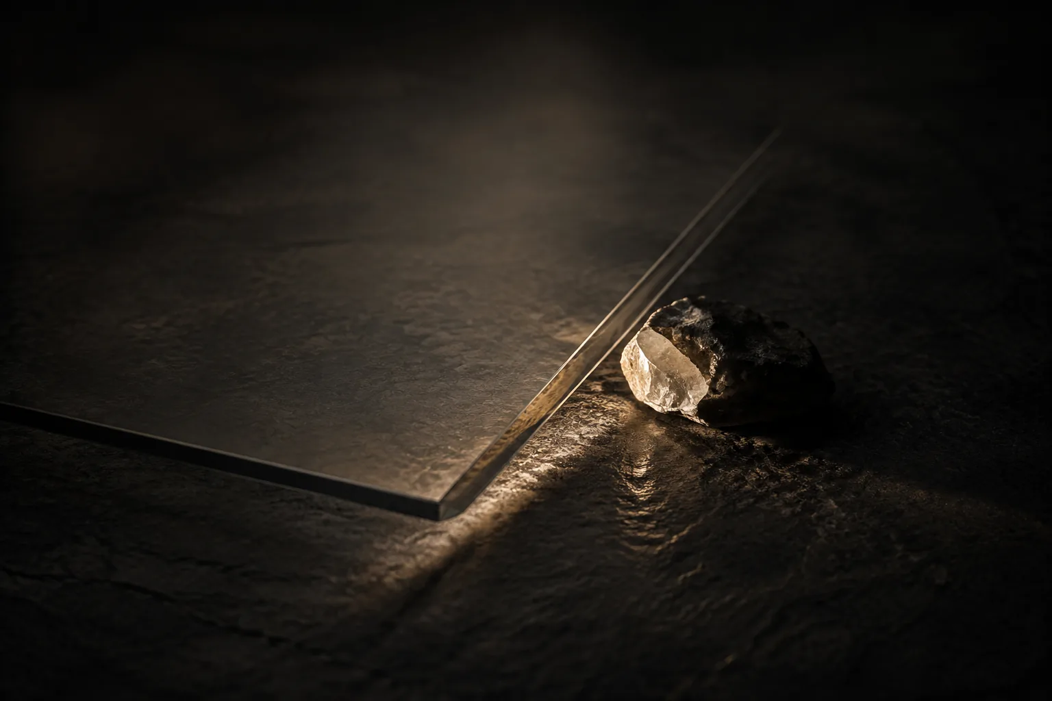 Light reveals a crystalline face in a rough stone just beyond the edge of smoked glass.