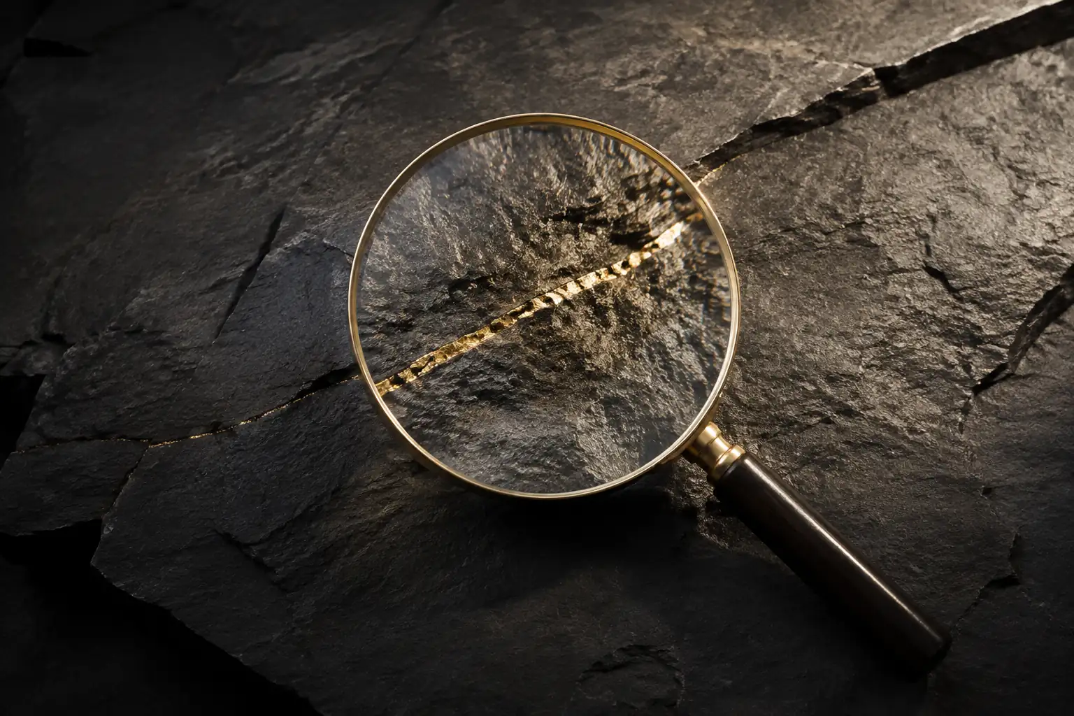 A magnifying glass reveals the detail of a gold seam in dark stone.